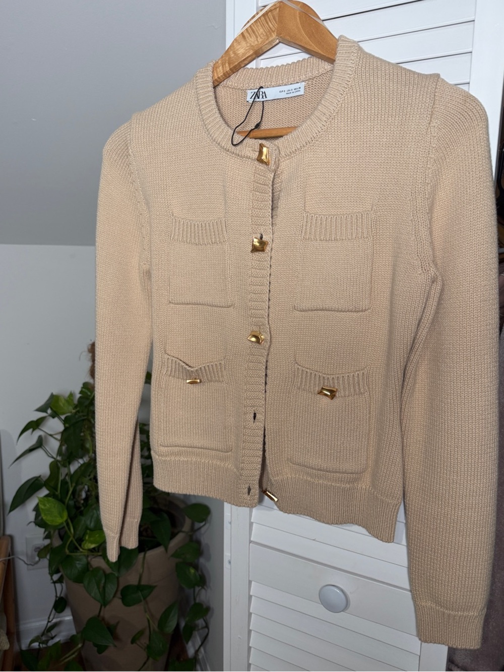 Zara Beige Knit Button-Front Cardigan with Gold Buttons